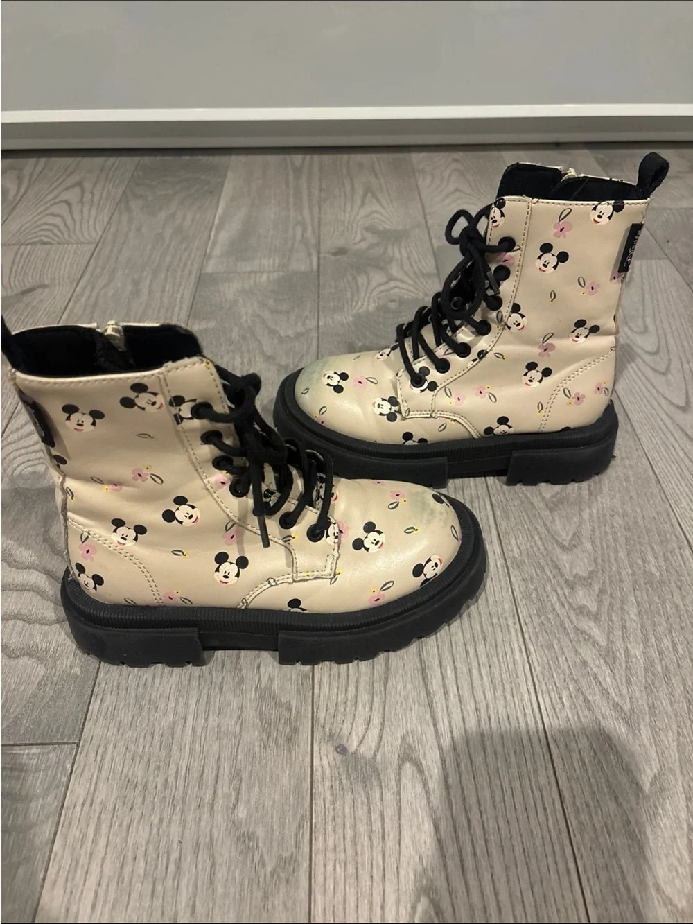 Zara Beige Kids Mickey Print Combat Boots with Black Soles